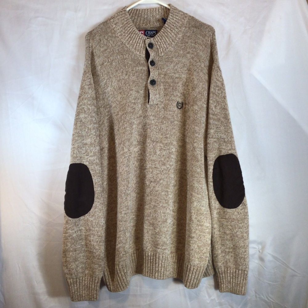 Chaps 2XLT Elbow Patch Sweater Preppy Academia Grandpa Knit Henley Dad Professor